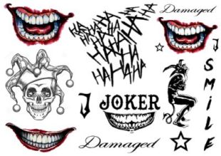Parhaat Jokeri SIIRTOTATUOINTIat löydät meiltä Like inkiltä. Tilapäiset tatuoinnit, jotka ovat samat kuin Jokeri elokuvassa Joker.