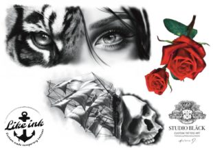 Tatuointisuunnittelu Helene Studio Bläckissä. Osta hänen suunnittelunsa muodossa SIIRTOTATUOINTIa, joissa on motiiveja kuten ruusuja, pääkalloja ja tiikerin kasvot.