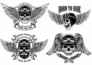 "Born To Ride" -tatuoinnit, pääkallot siivillä.