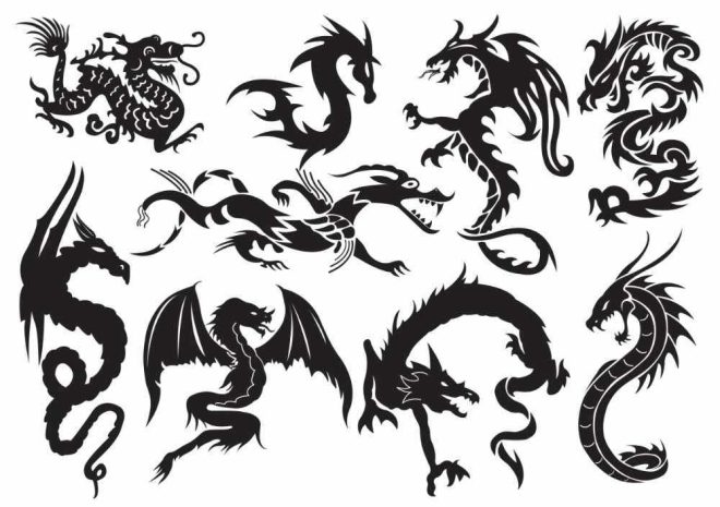 Lohikäärme tatuoinnit. Mustat lohikäärmeet siirtotatuointeina.