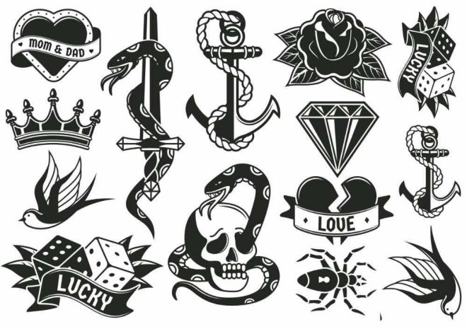 Vanhan koulukunnan tatuointisymboleita, timantti, nopat, pääsky.