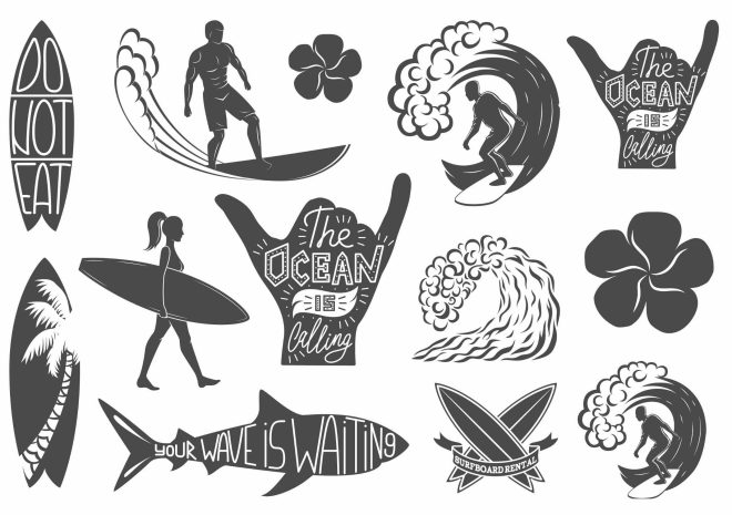 Surf-teemaiset väliaikaiset tatuoinnit. Hang loose, mustat surf-tatuoinnit. Aaltotatuointi.