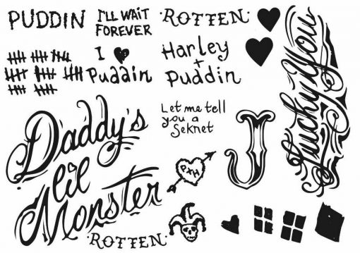 Harley Quinn tatuoinnit. Harley Quinn tatuointikokoelma, Väliaikainen tatuointi, feikki tatuointi, lasten tatuointi, naamiaistatuoinnit tytön tatuointi.