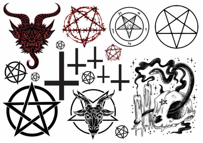 Saatanismi tatuoinnit feikkitatuointeina A5-arkilla. Tilaa Like inkiltä.