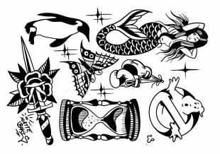 Musta-valkoiset väliaikaiset tatuoinnit, joissa on merenneito, nyrkkeilyhanskat ja tiimalasi, Real Fake Tattoosilta Like ink:ltä.