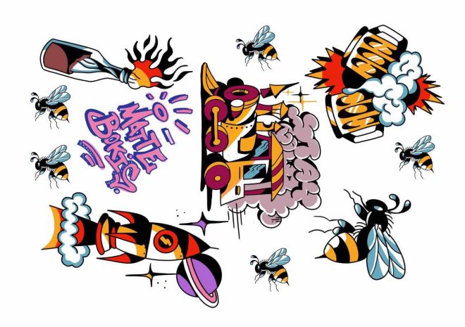 Raketti, ampiaisen ja olutlasin graffitityylillä Like ink väliaikaisissa tatuoinneissa.