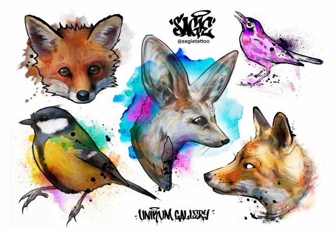 Värikkäitä tatuointeja street- ja graffitityyliin taiteilija Sagie Tattoon toimesta. Väliaikaiset vesiväritatuoinnit ketusta, linnuista Unikum Galleryn toimesta Like ink