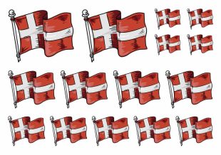 Danmark landsflagga som temporär tatuering. Tatueringar med Danmarksflagga i blandade storlekar.