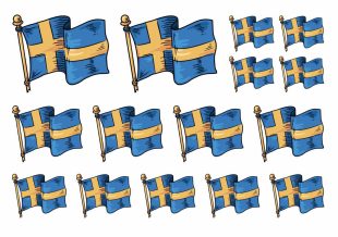Ruotsin lippujen väliaikaiset tatuoinnit Like inkiltä. Liput on suunniteltu tatuointityyliin selkeillä ääriviivoilla ja ihanilla kelta-sinisillä väreillä.